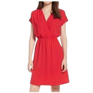 Halogen Red Short Sleeve Elastic Waist Faux Wrap Dress with Pockets